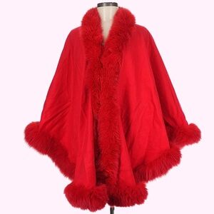 Gorski Red WOOL CAPE WITH SHADOW FOX TRIM NWT ONE SIZE
